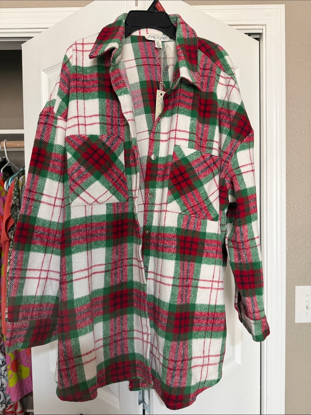 She + Sky Red, Green & White Plaid Utility Shacket